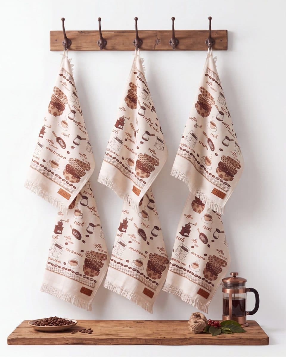Coffee 6'lı Pamuk Kadife Mutfak Havlusu Seti – 45×65 cm Krem - Görsel 1