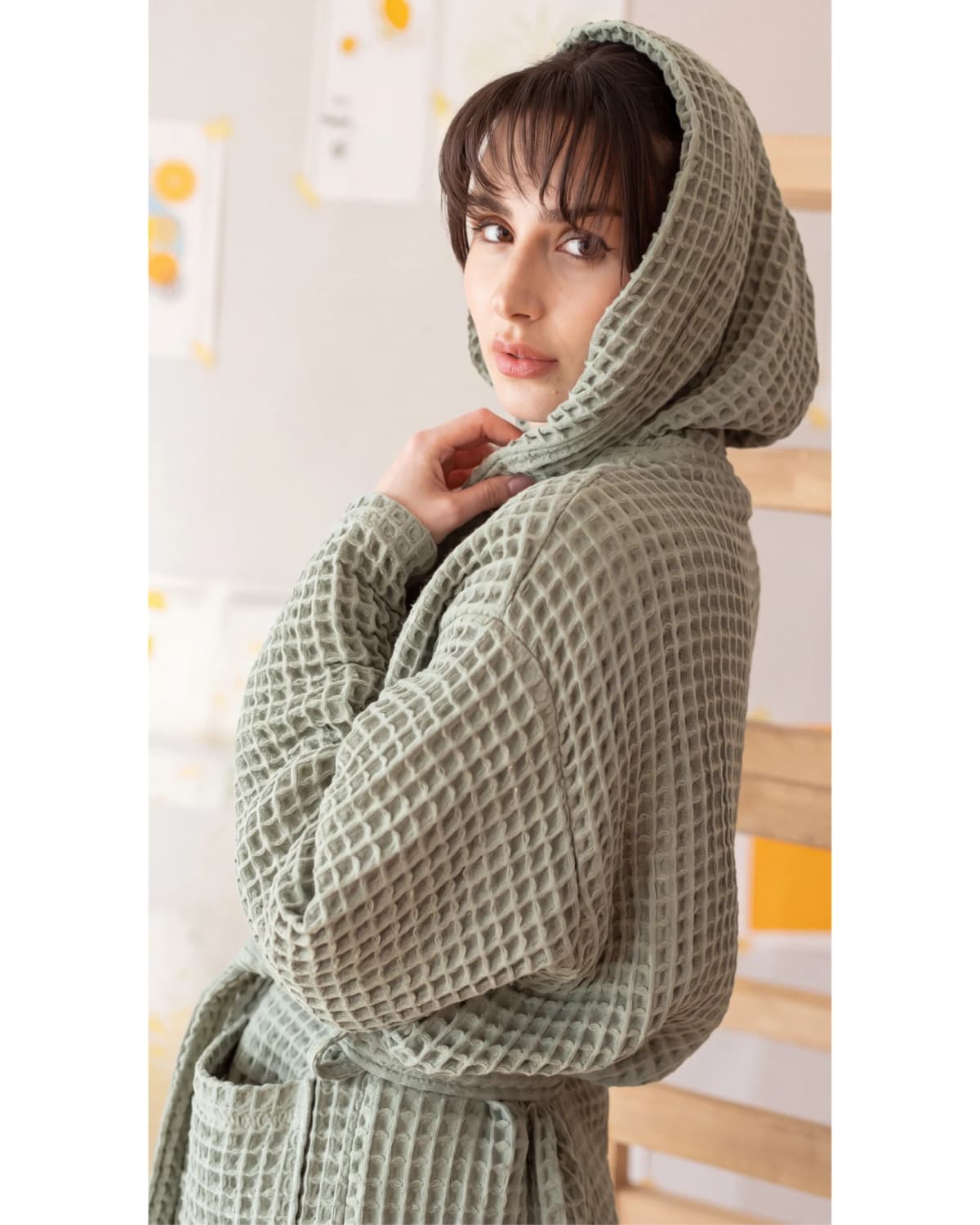 Waffle %100 Pamuk Kapüşonlu Bornoz – Adaçayı - Görsel 3