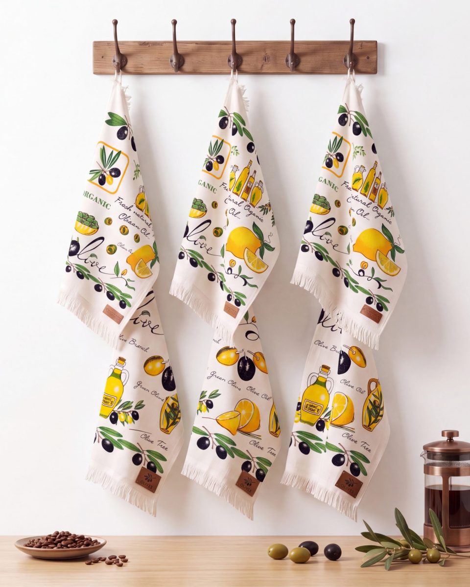 Olive 6'lı Pamuk Kadife Mutfak Havlusu Seti – 45×65 cm Krem - Görsel 1